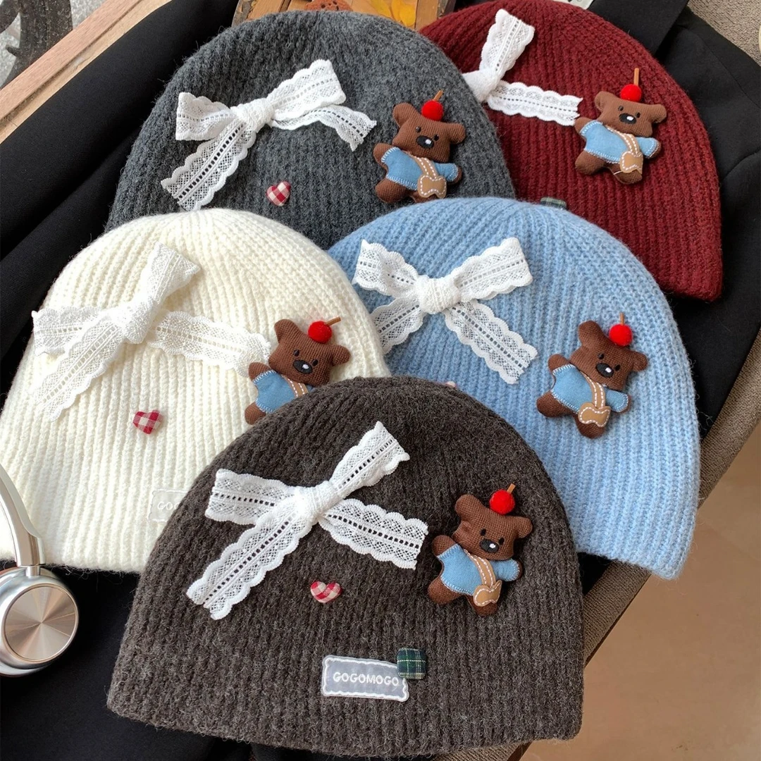 韩国ins蝴蝶结小熊毛线帽女秋冬百搭护耳保暖针织帽子显脸小冷帽