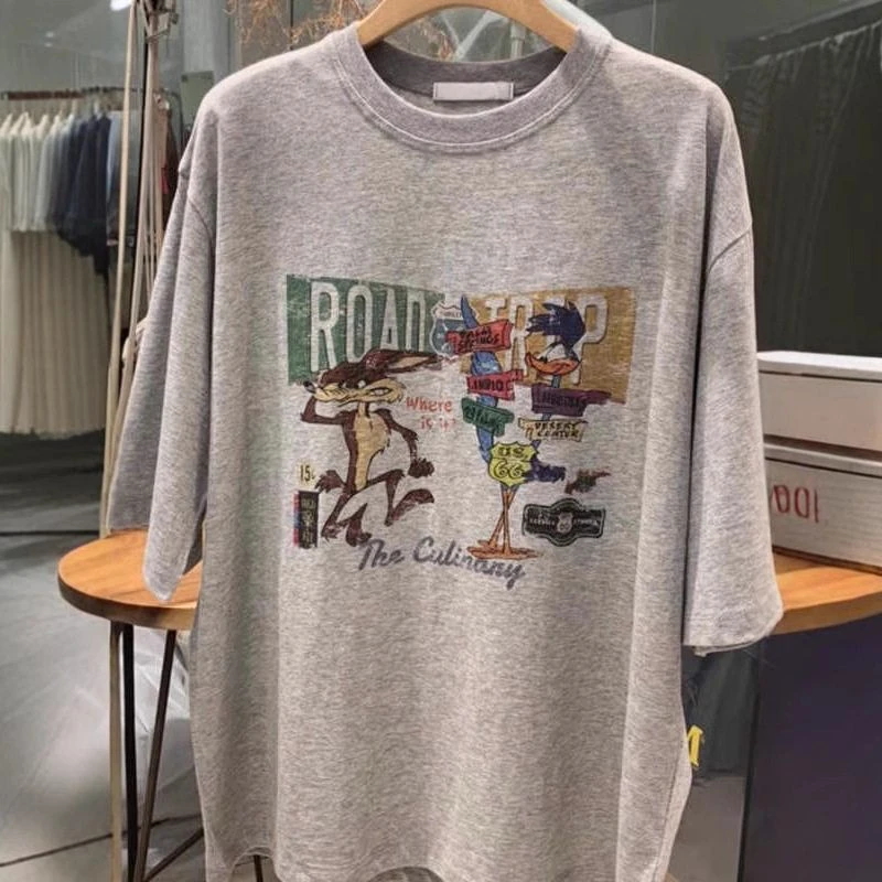 胖mm灰色卡通字母中长款纯棉短袖t恤女夏新款ins特大码宽松上衣