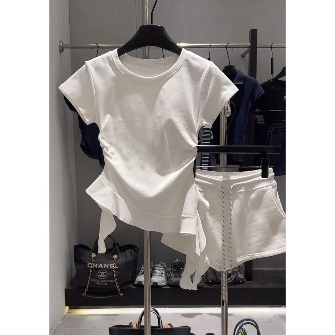 荷叶边短袖圆领不规则下摆T恤1616939