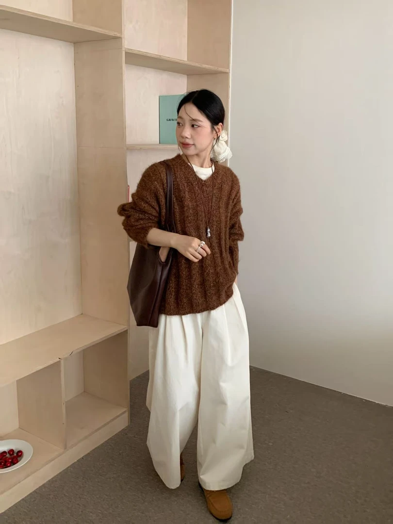 秋季长袖针织毛针织衫常规短款翻领慵懒风毛衣复古套头