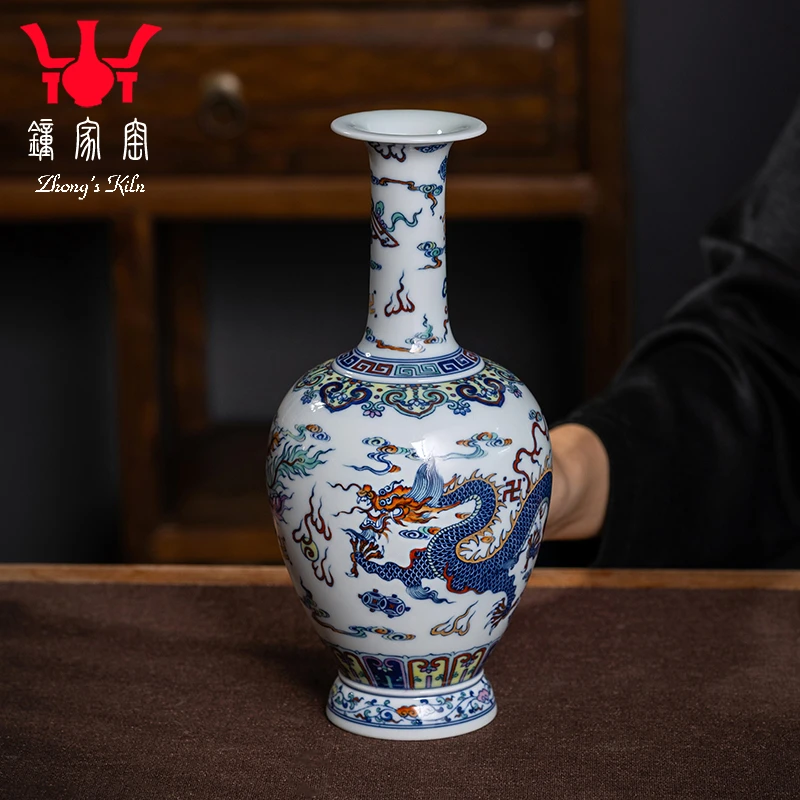钟家窑景德镇陶瓷花瓶 柴窑青花斗彩描金龙凤鱼尾瓶高档家居摆件