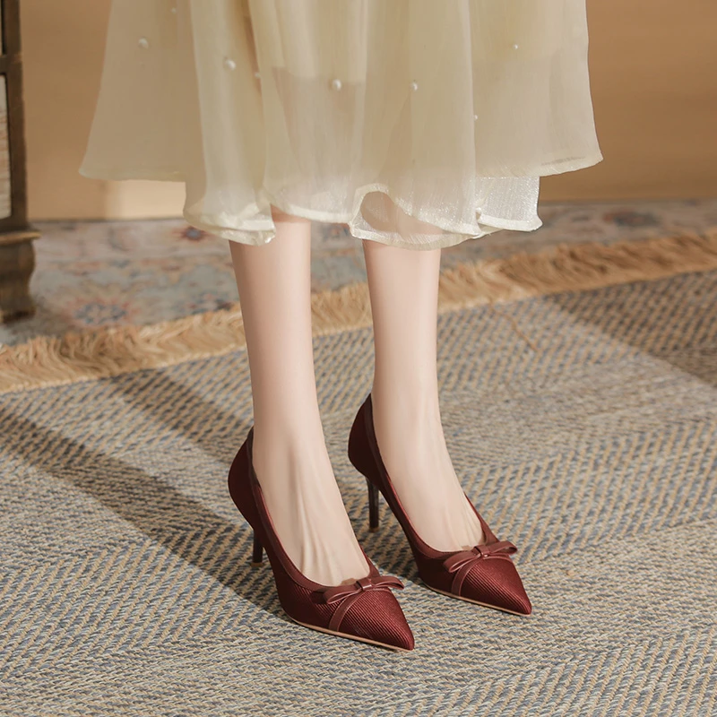 蝴蝶结小香风高跟鞋女细跟2025春秋新款高级感酒红色浅口单鞋真皮