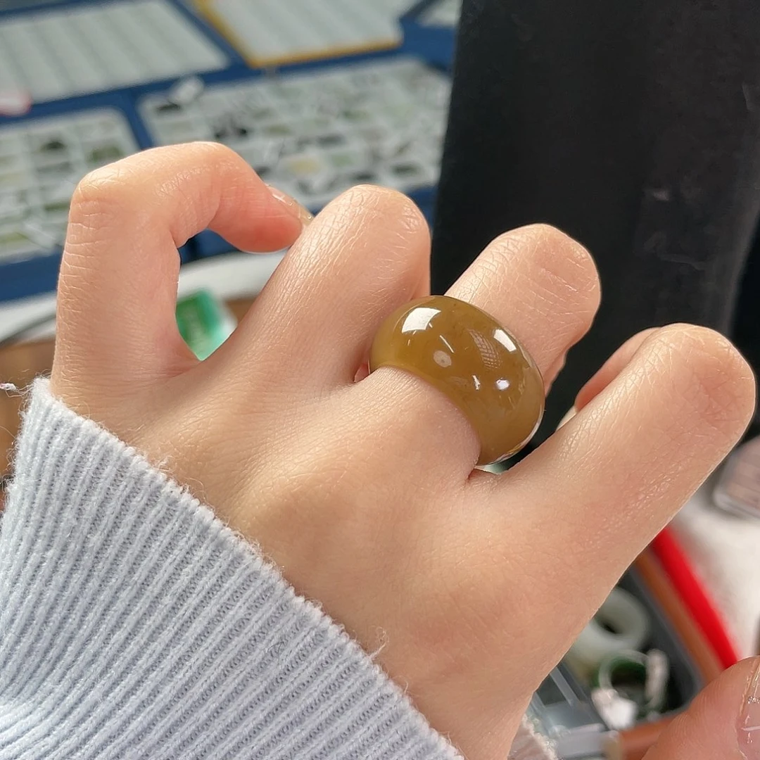 和田玉未镶嵌戒指k91 黄金糖墩墩17.4mm