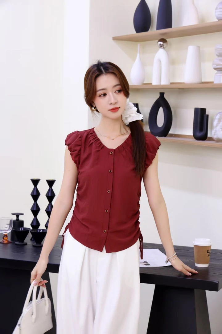 设计感v领小飞袖衬衫女2025夏季新款时尚抽绳设计收腰显瘦256628