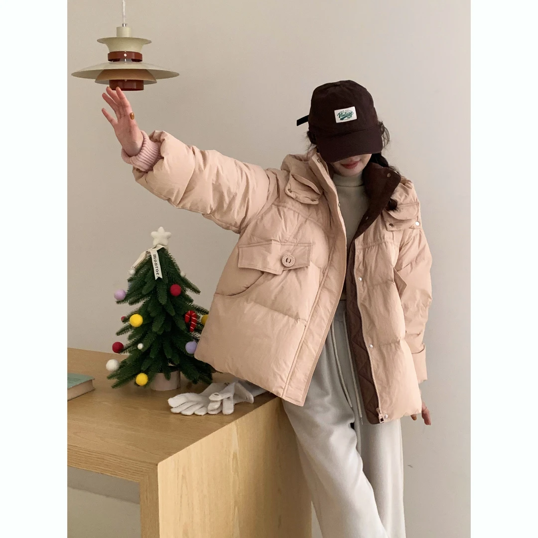 针织袖撞色白鸭绒羽绒服女洋气减龄加厚连帽