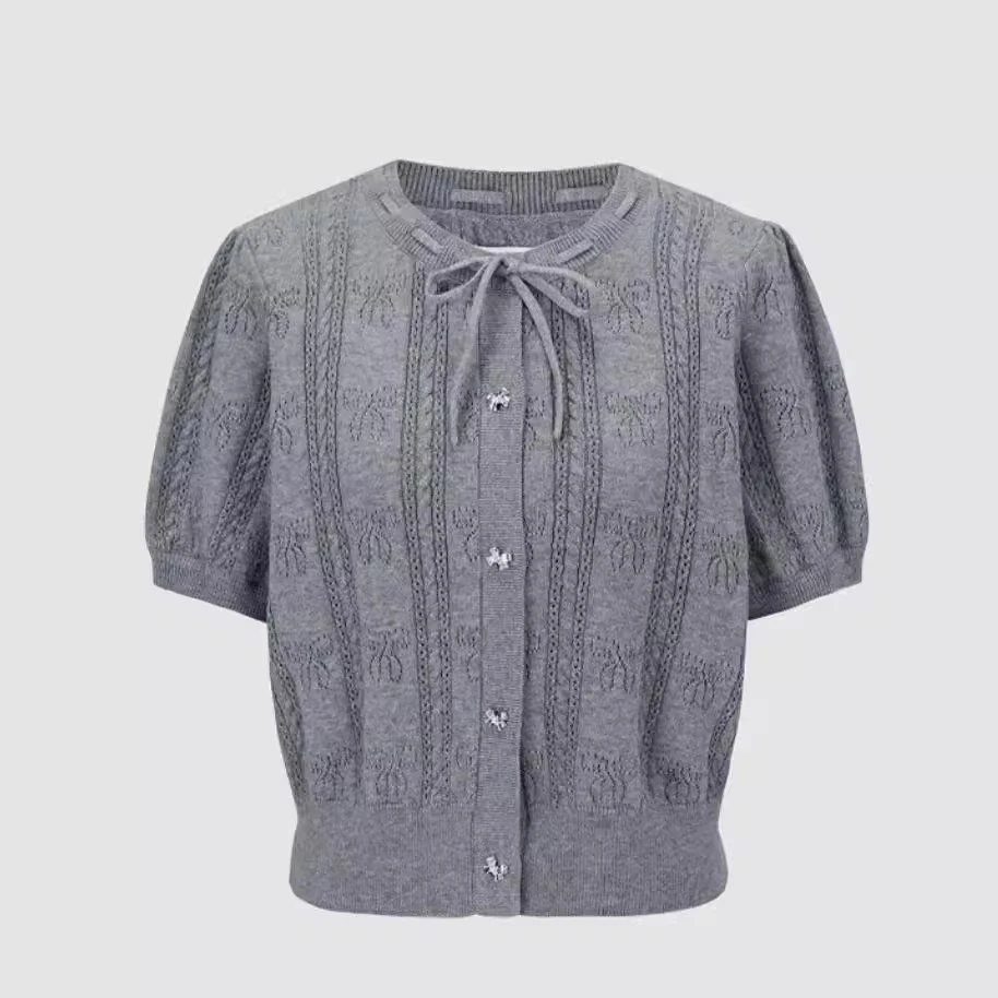 2025春季新款女装蝴蝶结肌理感系带短袖针织衫UYY950033