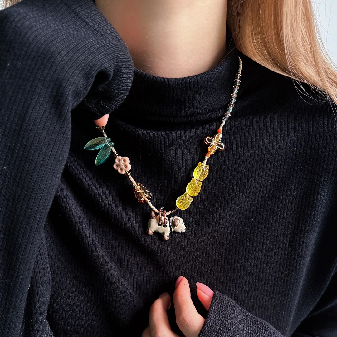 非金属亚克力项链 X5640-1可爱时尚度假风小众设计感小狗项链饰品