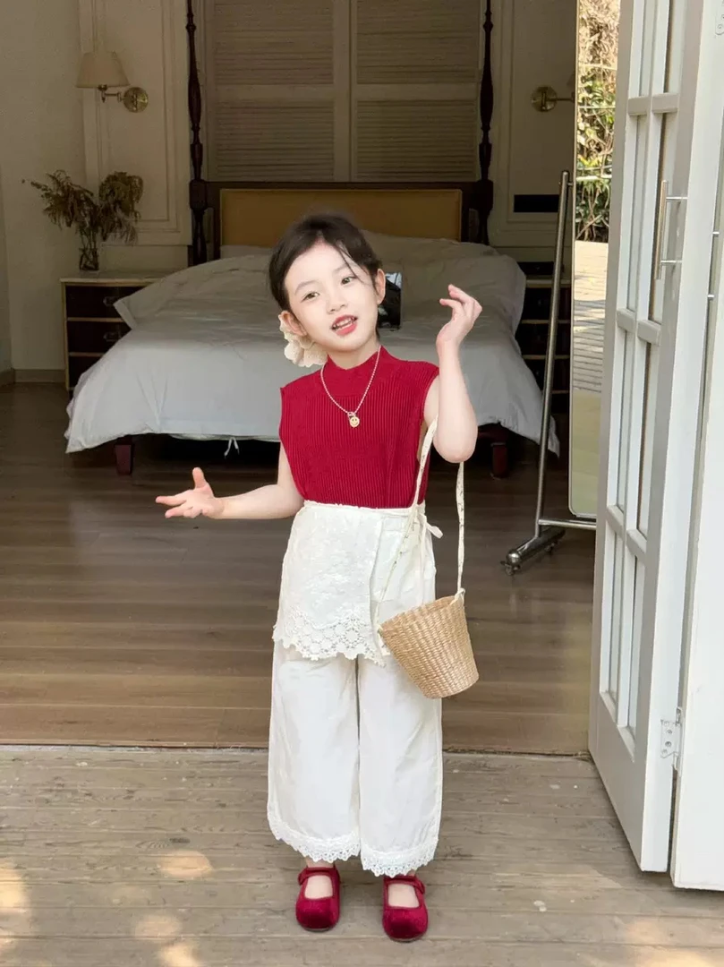 2025夏季新款童装女童半高领纯色T恤韩版夏款短袖T恤 屁帘裤子