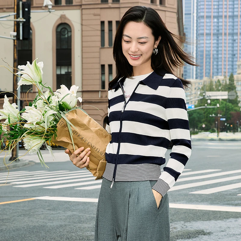 娜尔思时尚简约修身拉链条纹针织衫女2025春季新款开衫NZ03728Q7