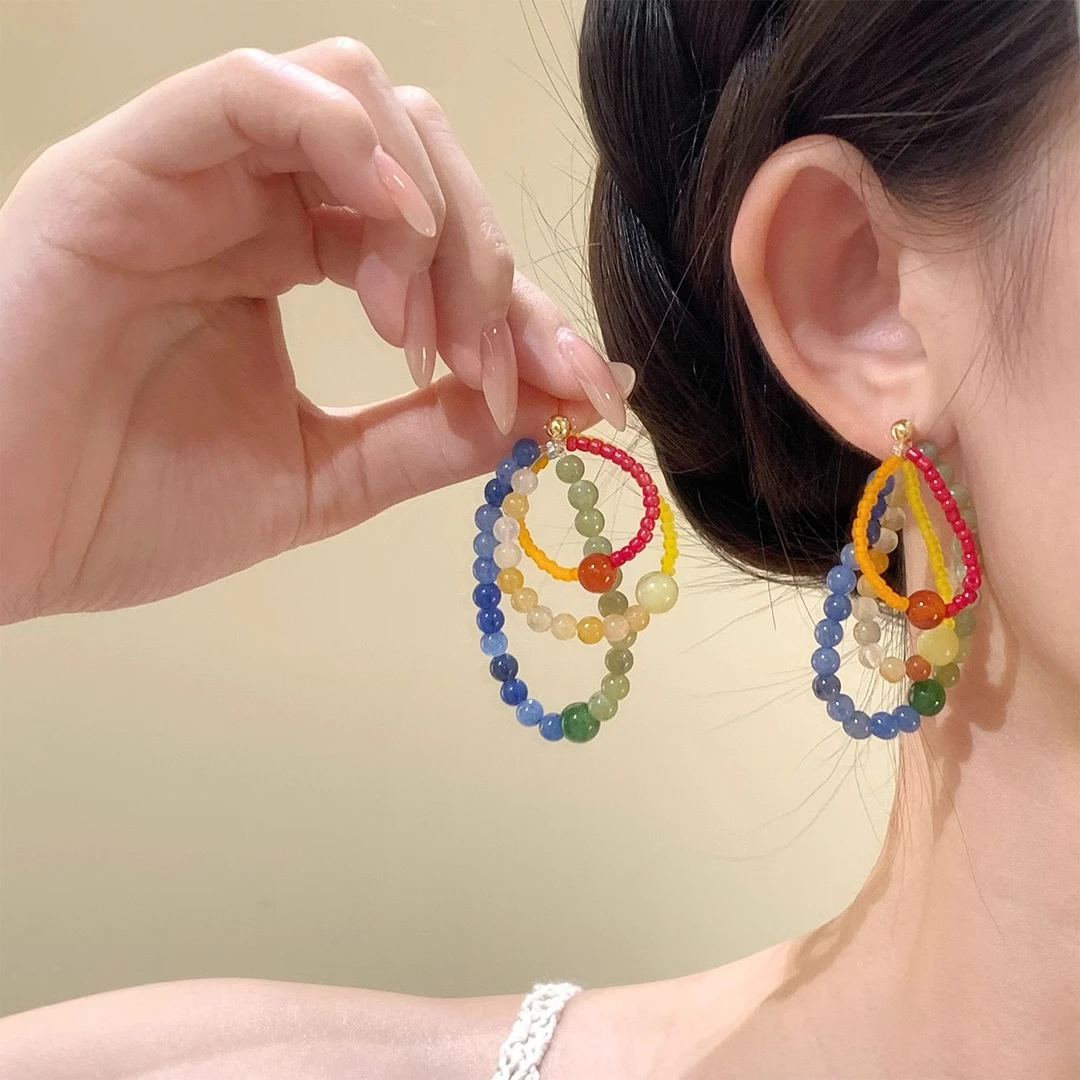 纯铜耳饰 解构彩虹~多巴胺彩色串珠耳钉女气质撞色度假风耳饰配饰