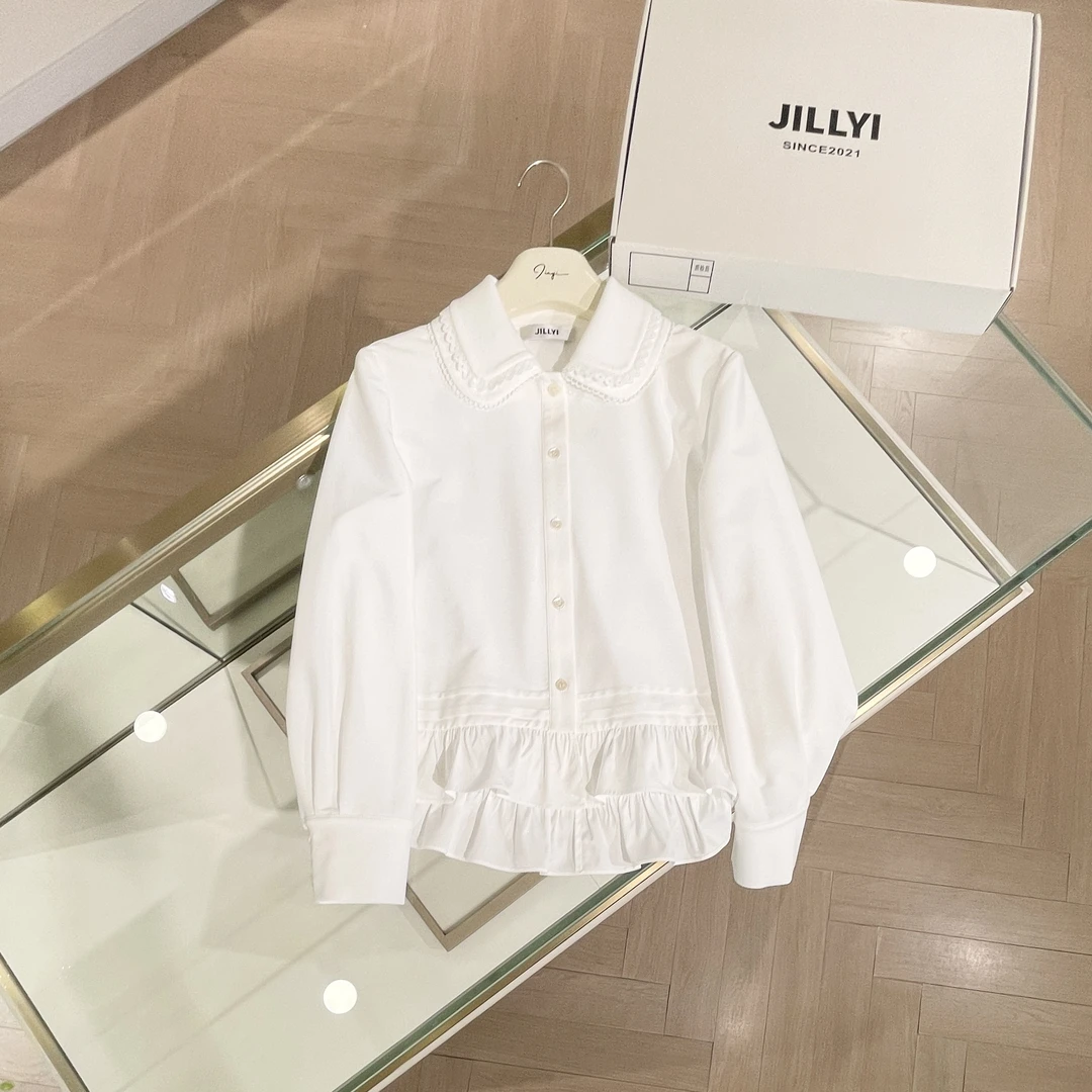 jillyi【月下绮梦】白色波纹下摆公主气质百搭衬衫洋气时尚