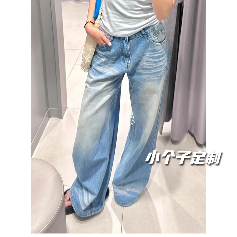 145小个子复古低腰阔腿牛仔裤女夏新款折痕水洗宽松显瘦直筒裤子