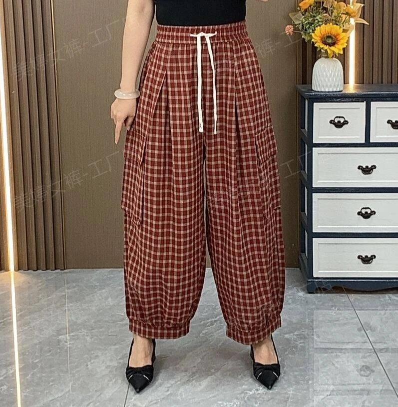 格子长裤2025新款薄款宽松防蚊百搭休闲纯色夏季休闲裤灯笼裤复古