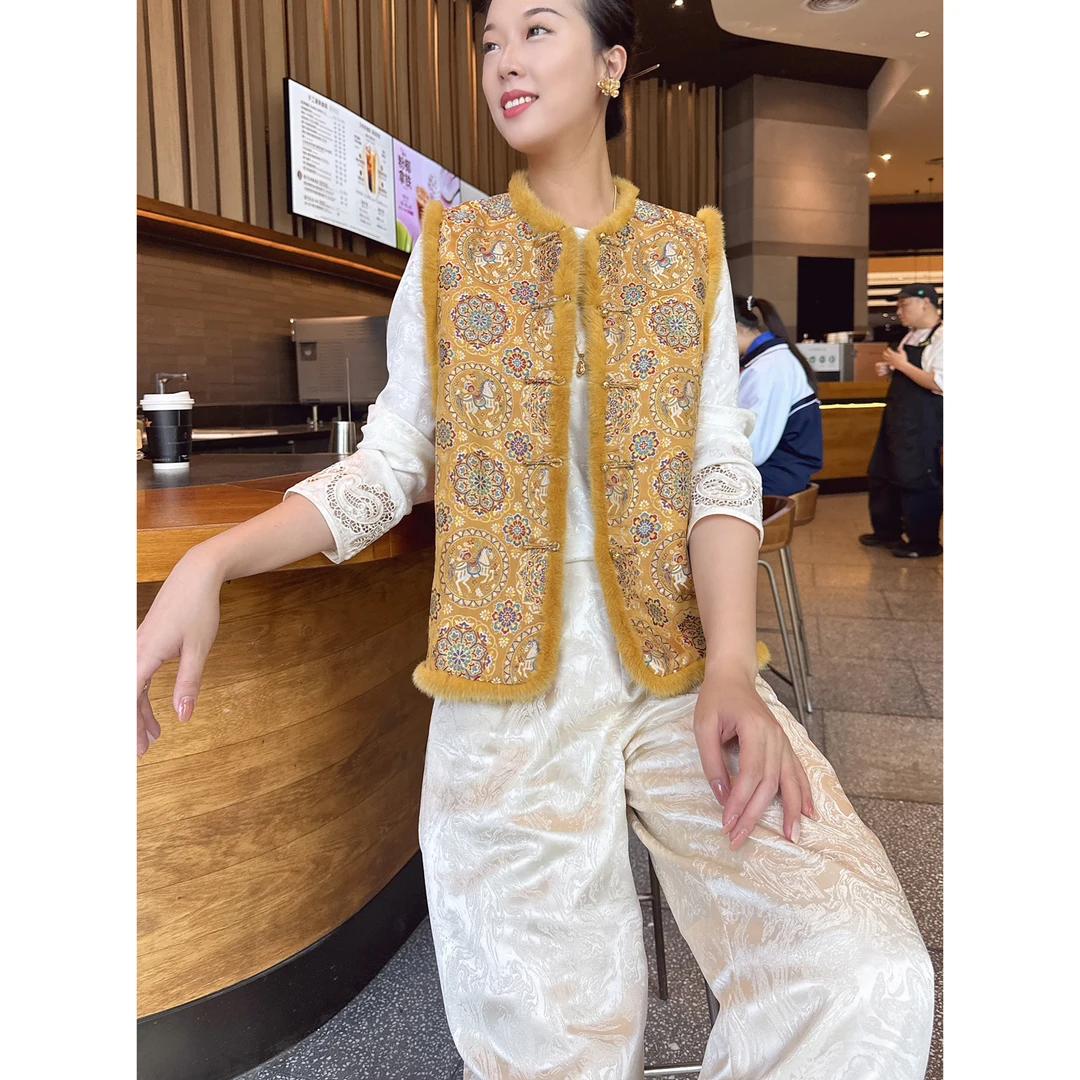 【深圳罗依】原创真丝棉马甲女桑蚕丝宋锦福马宝相新中式加棉厚马甲