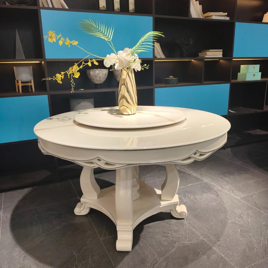 欧式实木雕花大理石圆桌大小圆