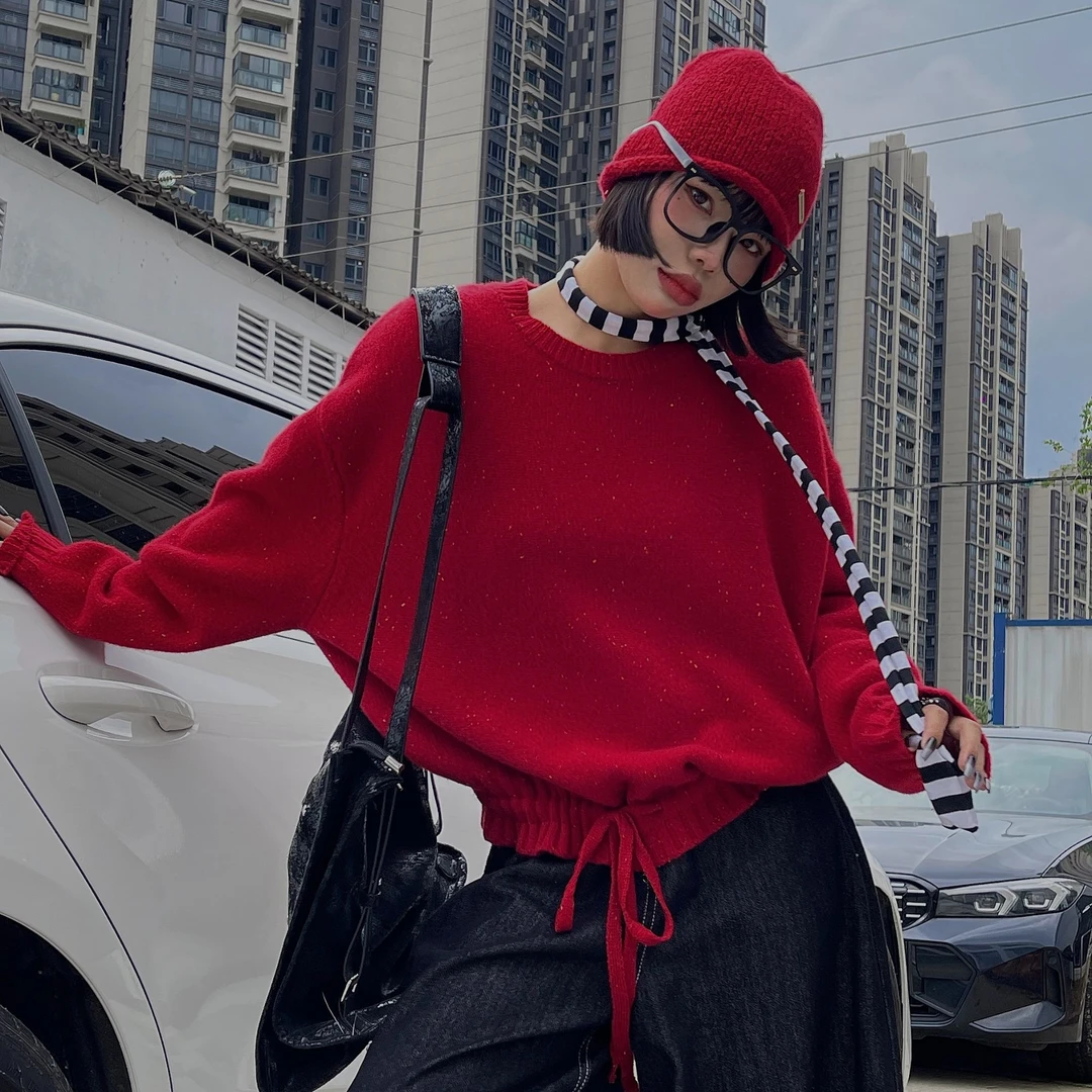 点子纱抽绳套头衫 【新年红】