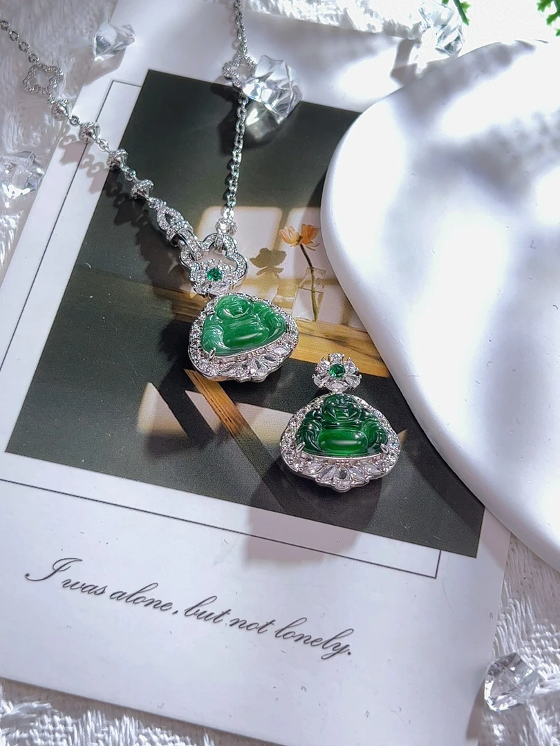 翡翠A货满绿蓝水佛公笑佛弥勒佛多样性发一件