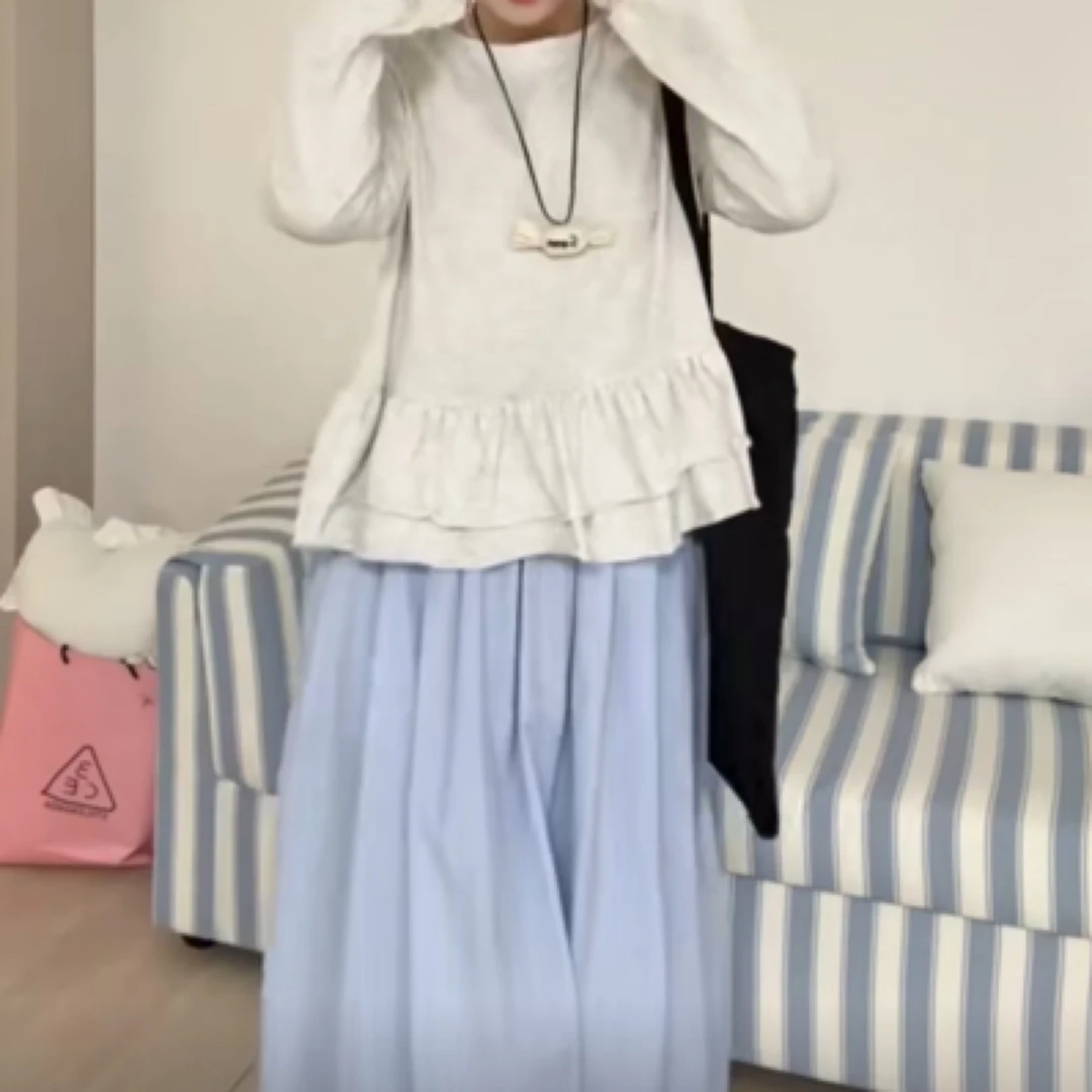 大码文艺新款气质长袖蛋糕裙T恤上衣+半身裙套装
