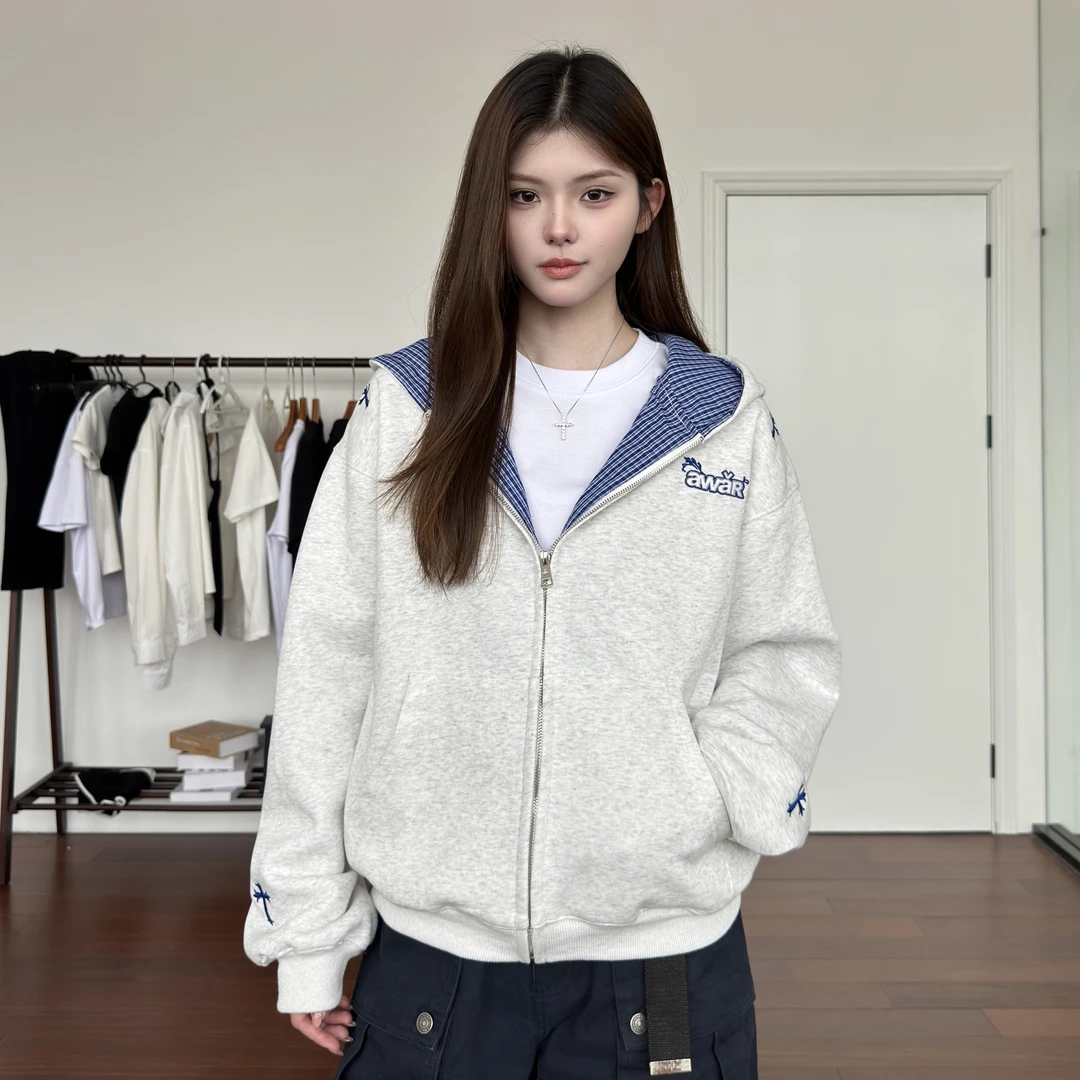 AHCN志存高远 美式复古撞连帽卫衣秋冬格子撞色短款情侣外套3491