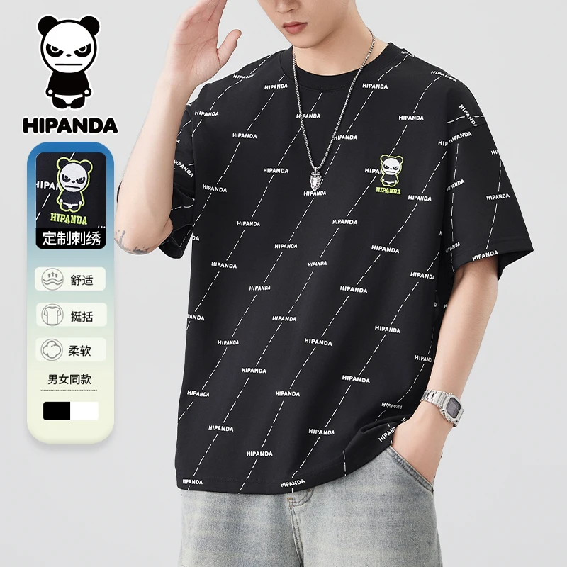 Hi Panda你好熊猫短袖T恤男士夏季薄款宽松休闲刺绣圆领半袖上衣