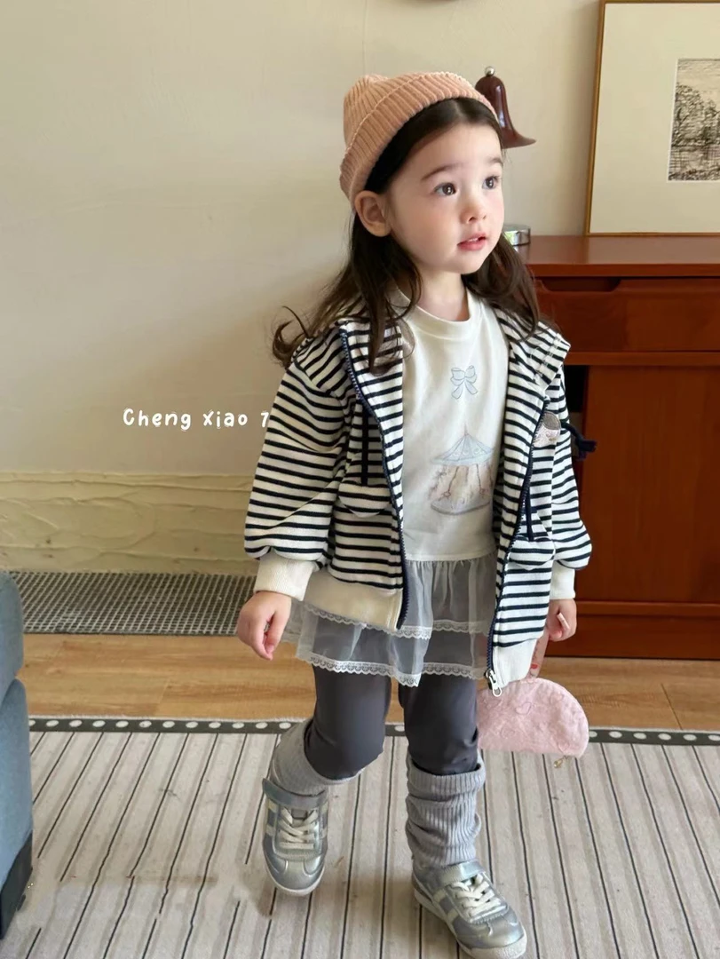 女童白色上衣灰色打底裤条纹外套（CXQ-5025+5079+5133-秋A）汉服