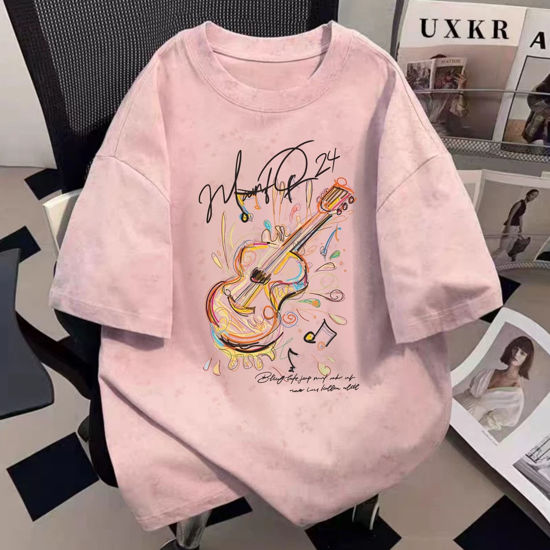 新款扎染抽象线条小提琴印花T恤短袖女款爆款2025圆领韩版夏装