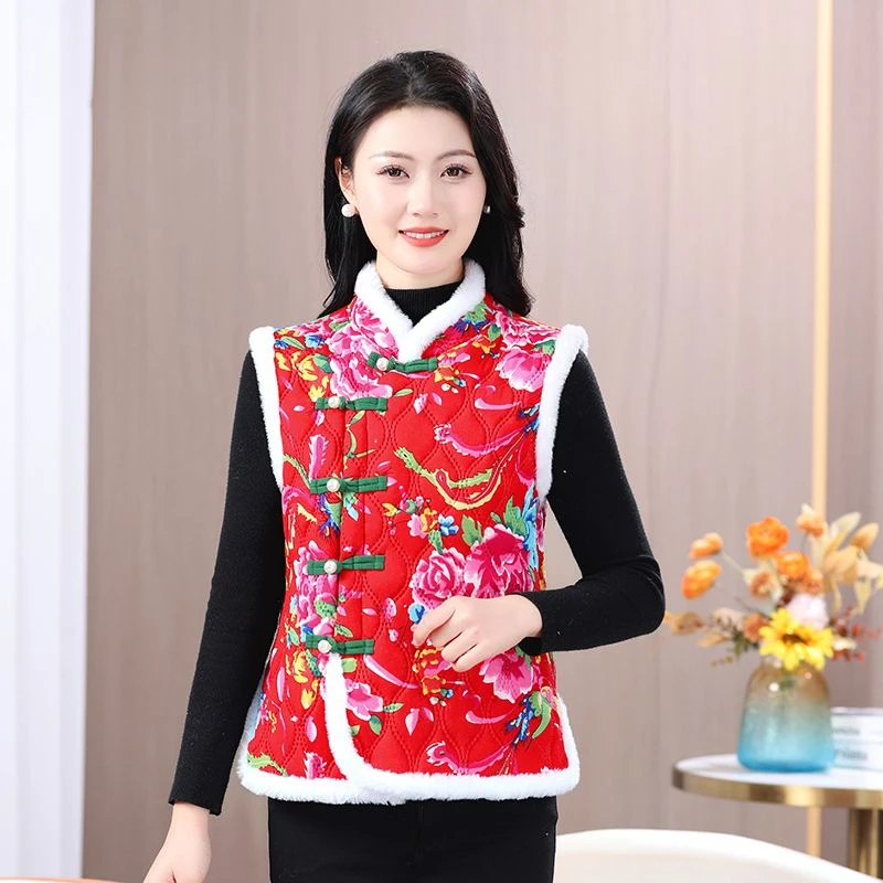 妈妈爆款棉袄大花马甲盘扣中国坎肩复古加绒过年女装保暖洋气加厚