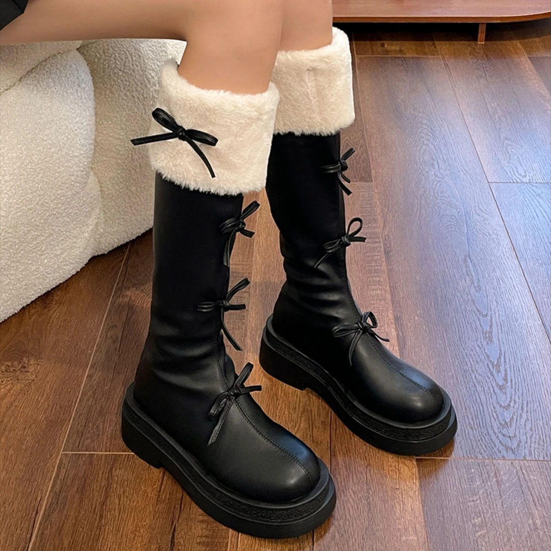 长筒靴女2025新款冬季加绒棕色厚底靴子显瘦蝴蝶结小个子复古长靴