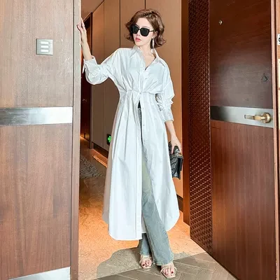 S-春季长袖镶钻白色衬衫气质收腰连衣裙LZ95