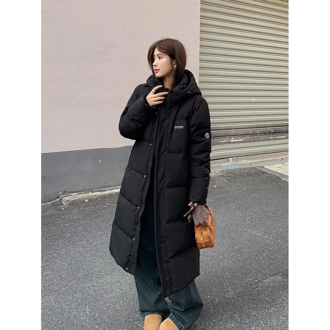 黑色长款羽绒服女今年新款韩版加厚超长款过膝白鸭绒宽松保暖外套