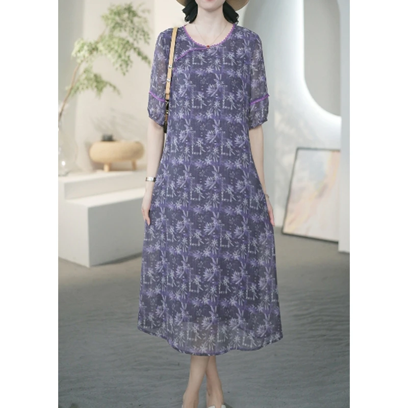 法式紫色碎花大码连衣裙女夏季时尚洋气减龄显瘦气质长裙子A31855