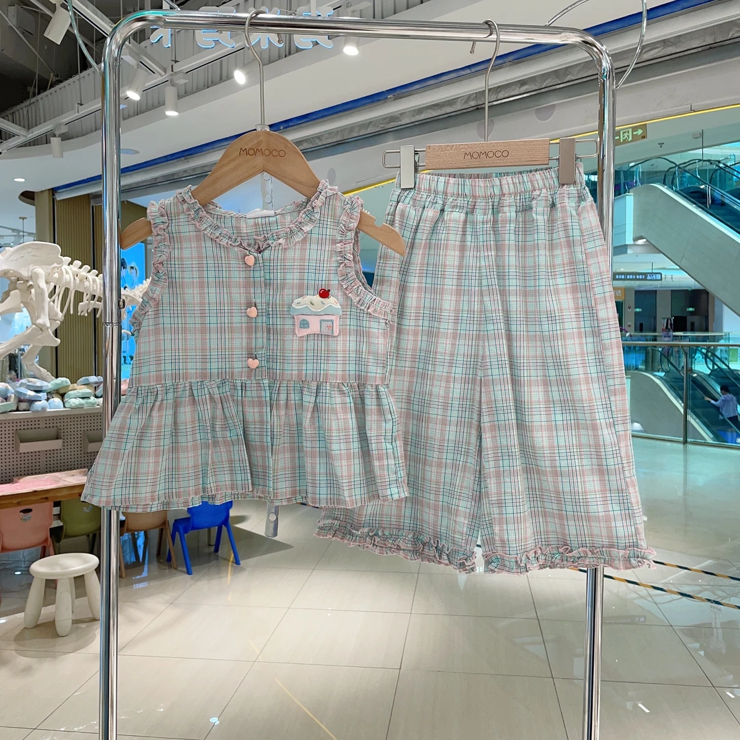 MOMOCO新款夏季度假风洋气花边格子背心七分裤套装77620580076