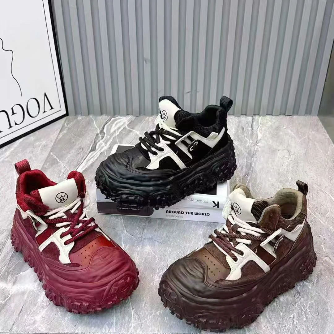 25年秋季做旧中跟拼色圆头秋季增高高帮鞋运动秋季ins百搭