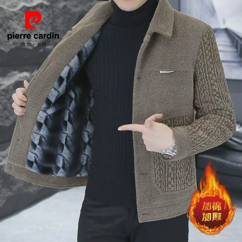 皮尔卡丹加绒加厚毛呢大衣男青年修身翻领工装呢子夹克韩版帅气保