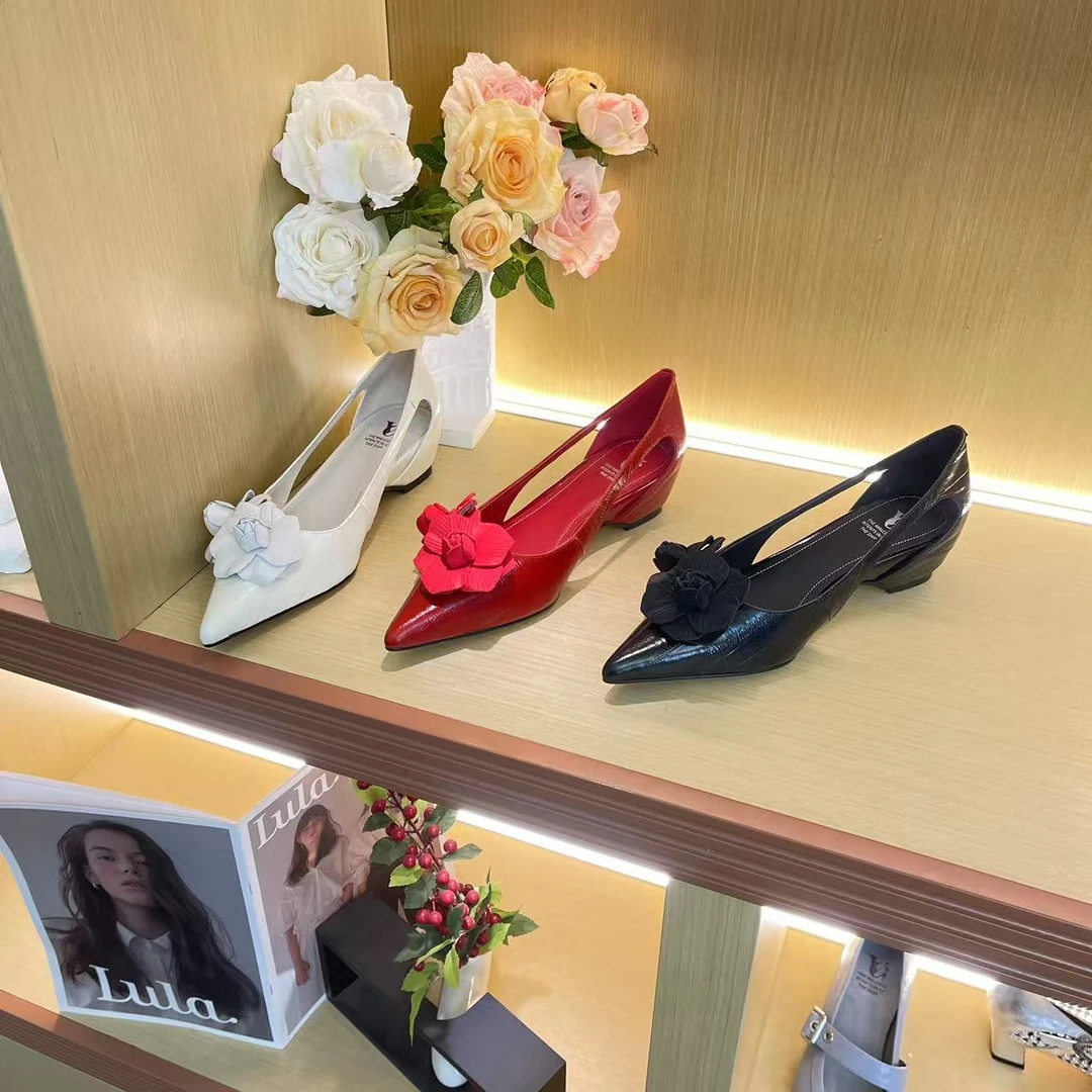 1245【萱梦】春夏季新款花朵镂空真皮气质浅口凉鞋A内增高【5cm】