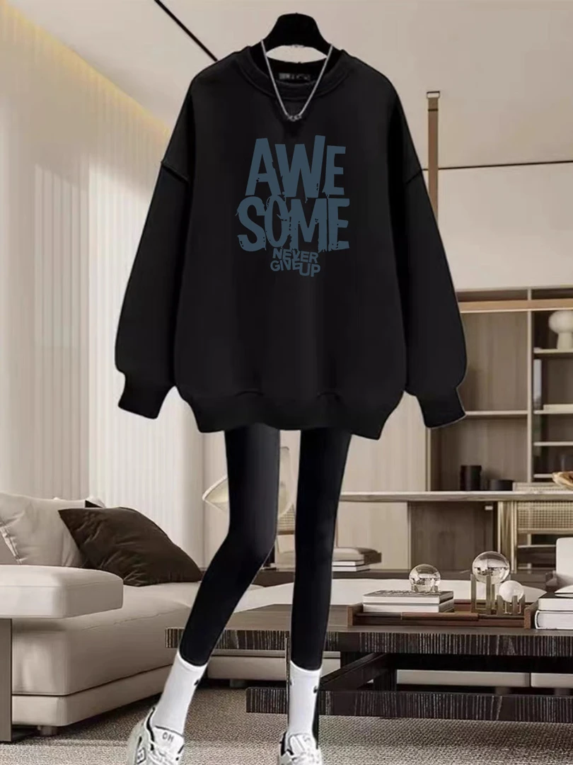 中长款卫衣遮屁股女春秋新款纯色时尚洋气减龄搭配鲨鱼裤的上衣