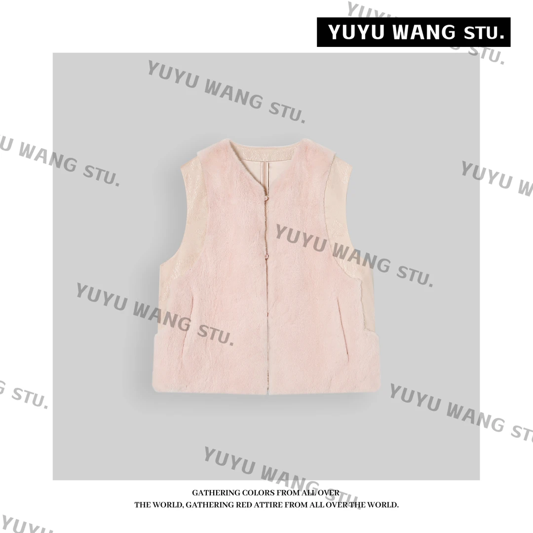 YUYUWANG【玉京】 100%进口水貂+真丝内里组合 粉色皮草马甲