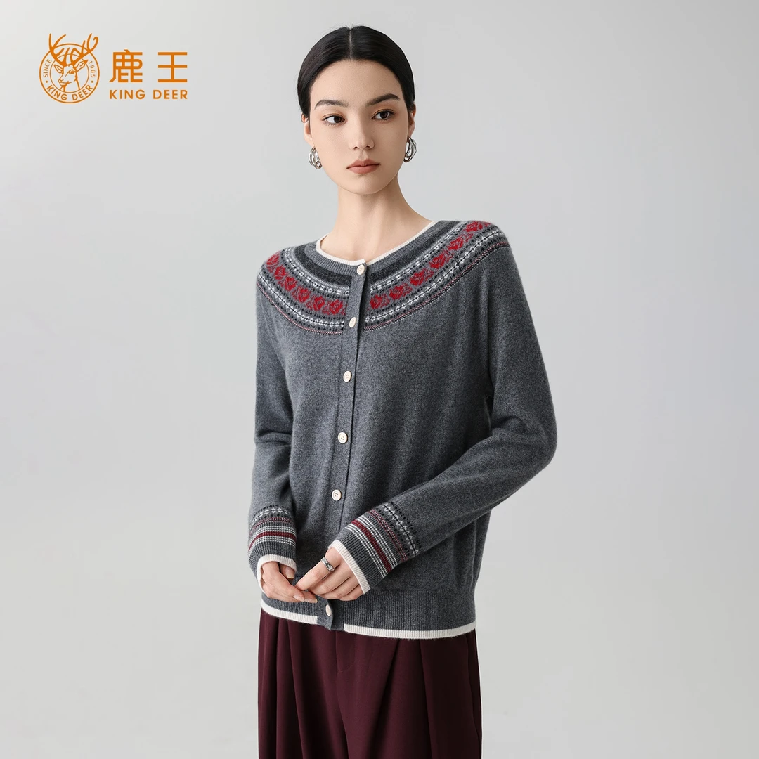 鹿王25秋冬新款女圆领100山羊绒时尚提花针织开衫 PS156