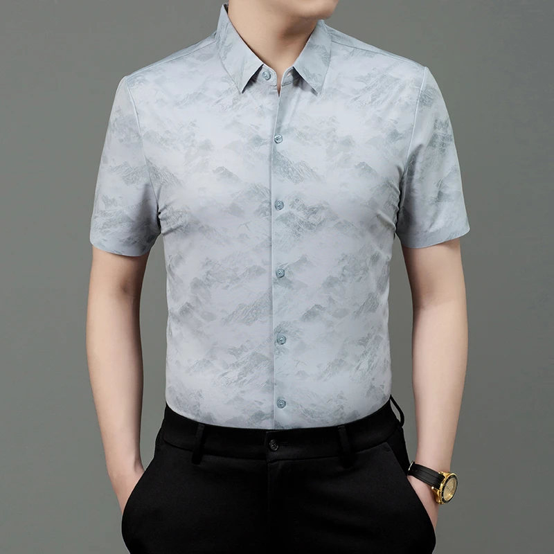 卡尔皮诺7595冰丝亚麻提花男士印花无痕衬衫商务中年时尚男装衬衣