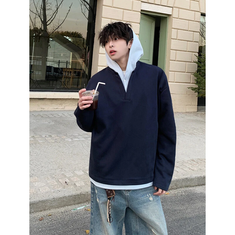 藏青色假两件重磅连帽卫衣男款2025春款内搭美式高街痞帅V领外套