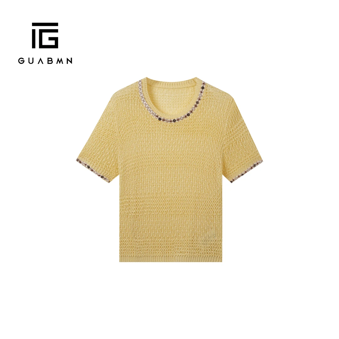 GUABMN2025夏季新款法式复古圆领钉珠短袖针织衫初夏穿搭5062