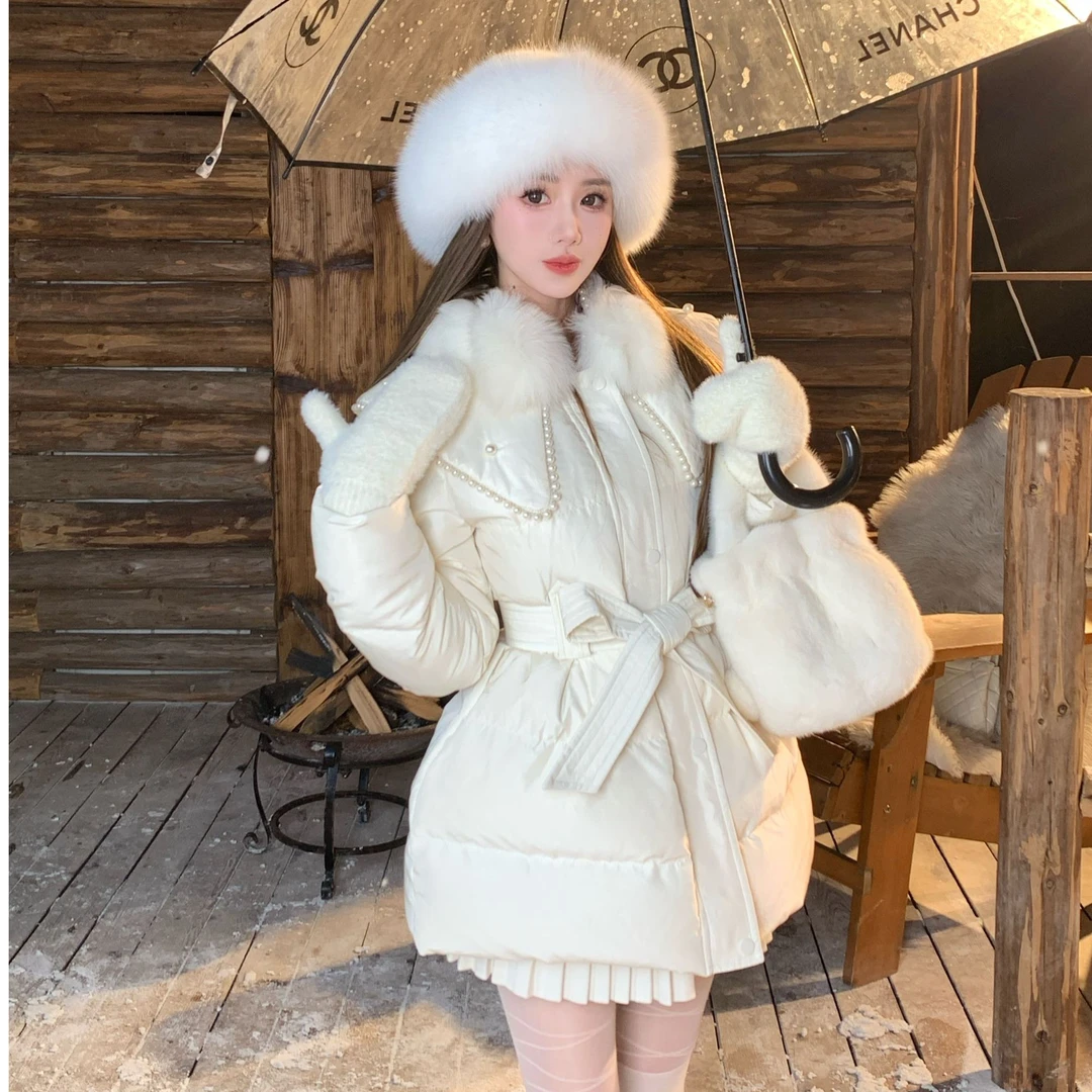 冰冰来了【婠婠如玉】设计大毛领钉珠羽绒服中长款系带外套26464