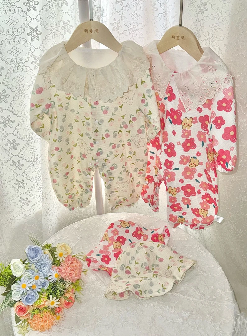 2025新款婴儿衣服春秋纯棉长袖连体衣宝主花边领爬服超萌可爱连体