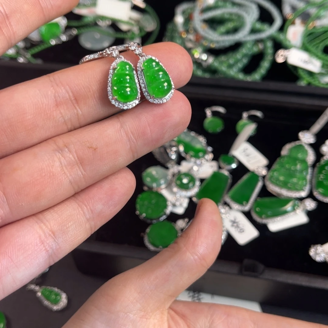 翡翠银S925镶嵌戒指福豆耳钉