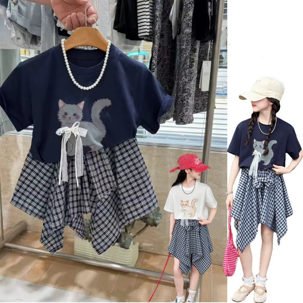 女童短袖半身裙套装夏季2025新款儿童猫咪T恤不规则格子短裙裤裙