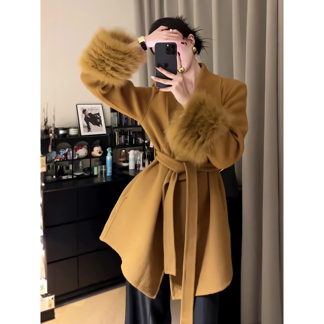 韩版纯欲性感中长款V领毛呢外套女2025秋冬季可拆卸毛袖系带大衣