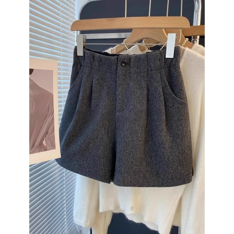 美叹韩国东大门秋冬新款通勤风后松紧腰保暖显瘦百搭高腰毛呢短裤