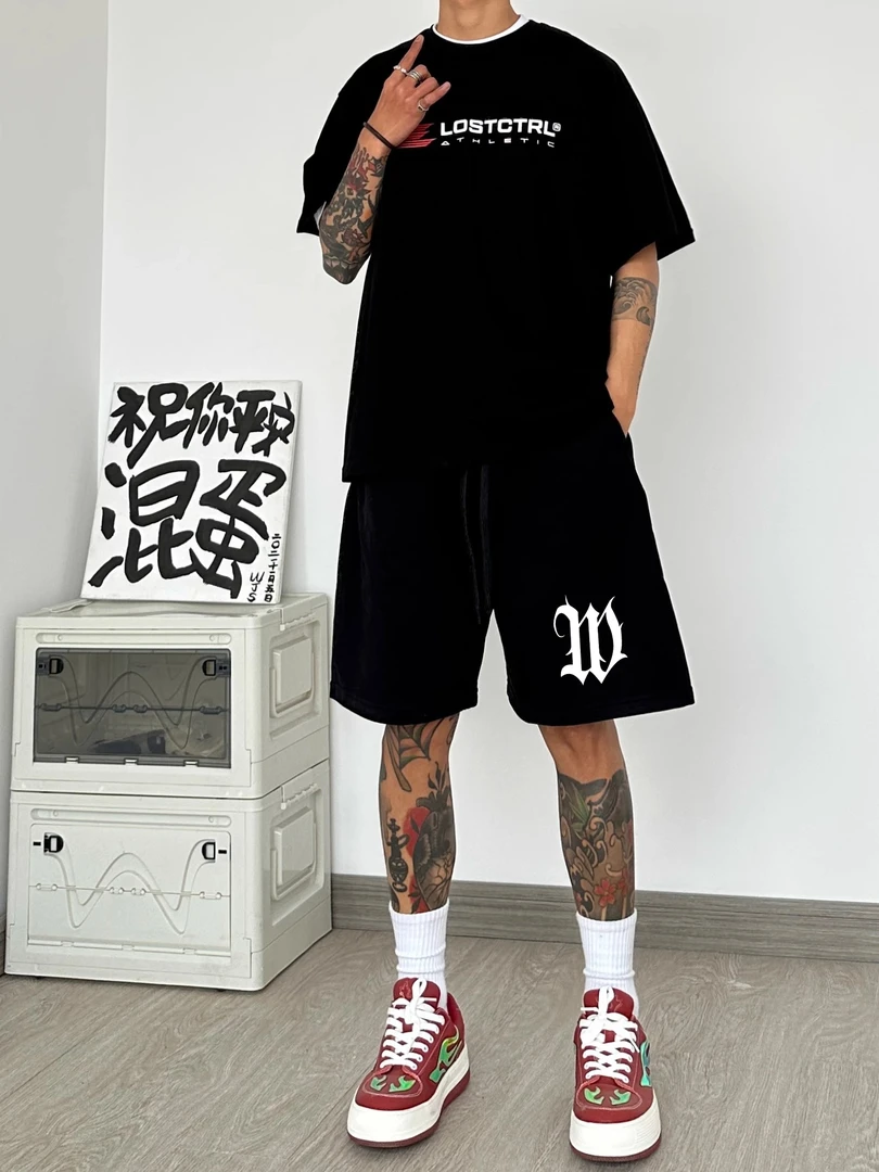 男生运动短裤夏季新款字母印花大码ins宽松抽绳休闲五分裤