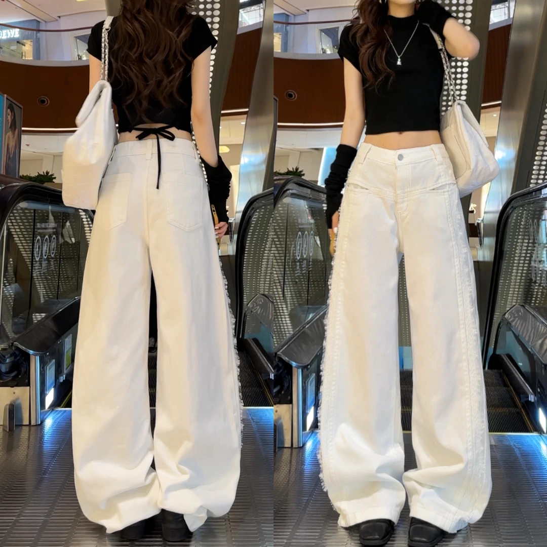 2025年春季新款拼蕾丝高品质显瘦直筒裤女30777白色牛仔裤女