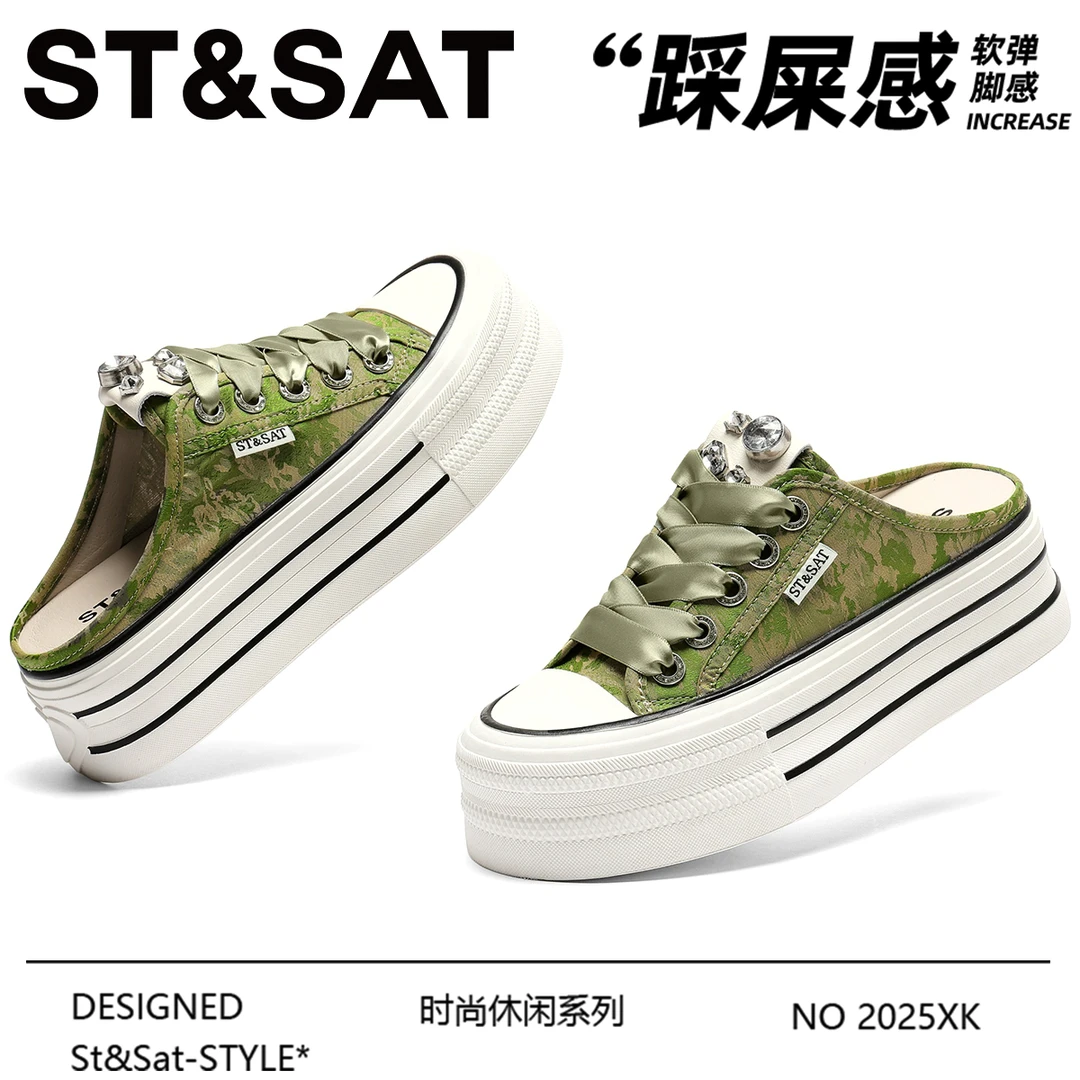 星期六厚底包头半拖鞋女2025年春季新款新国风印花松糕休闲舒适鞋